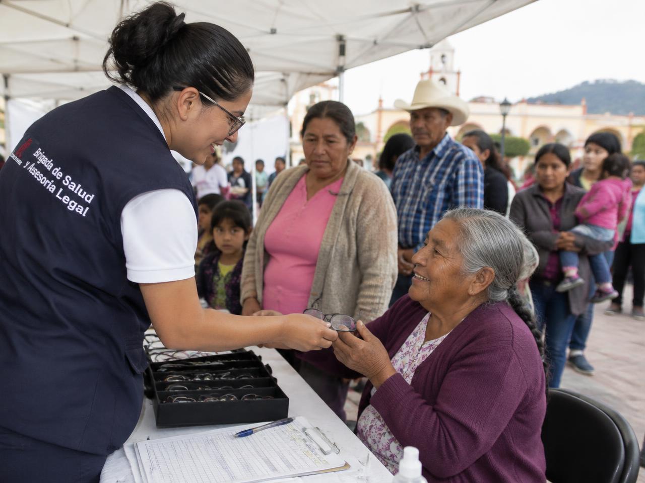 Voluntaria entregando lentes a una abuelita durante una brigada comunitaria